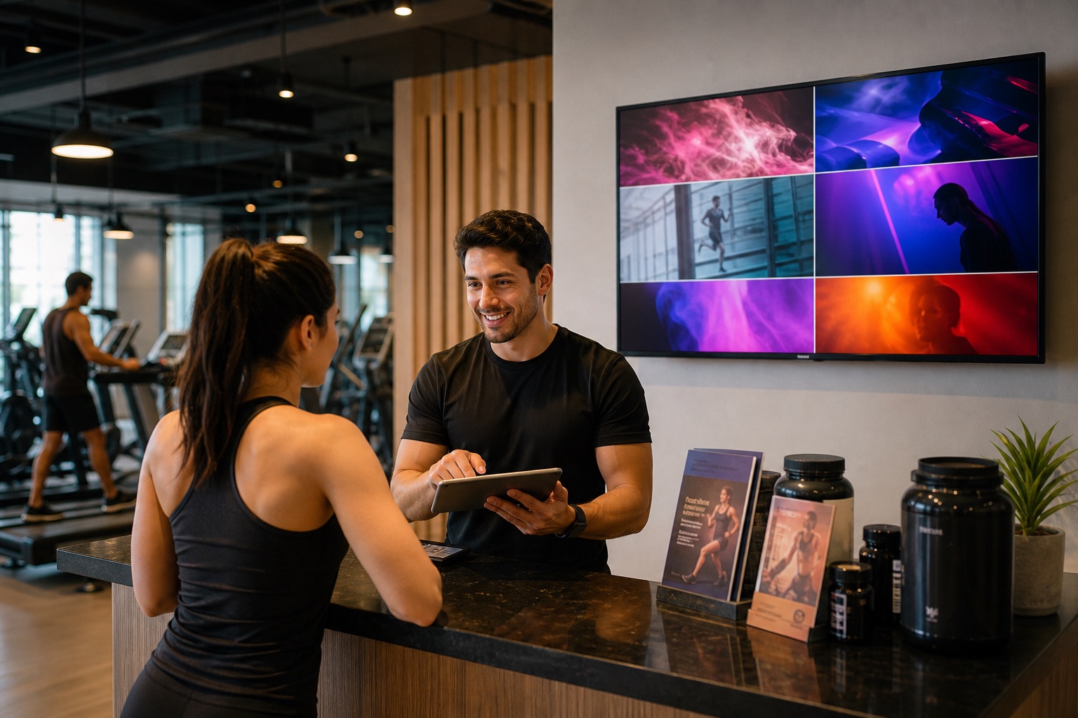 Pantalla publicitaria en gimnasio o estudio fitness promocionando campañas visuales