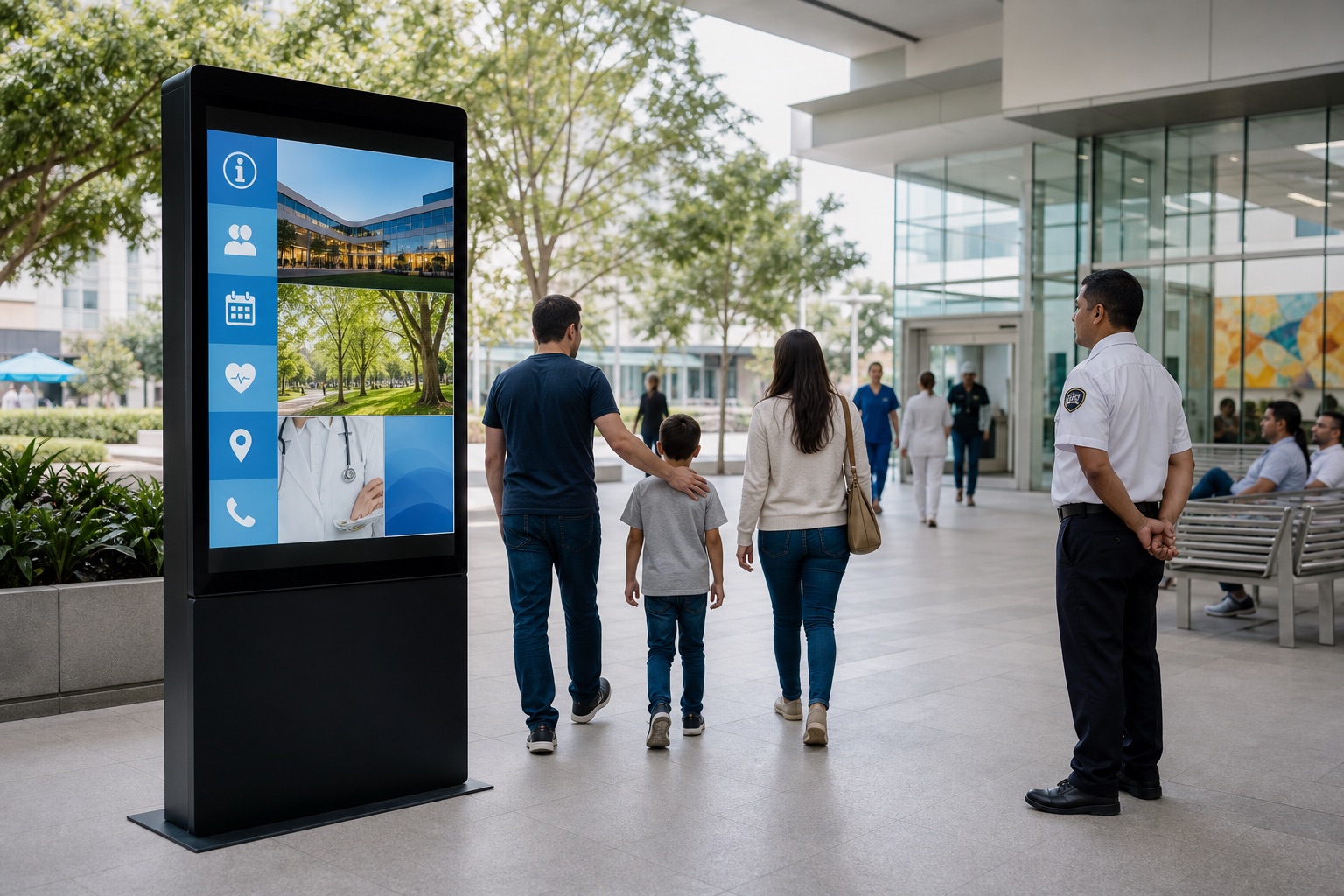 Kiosko digital en hospital parque o plaza con avisos institucionales y servicio al visitante