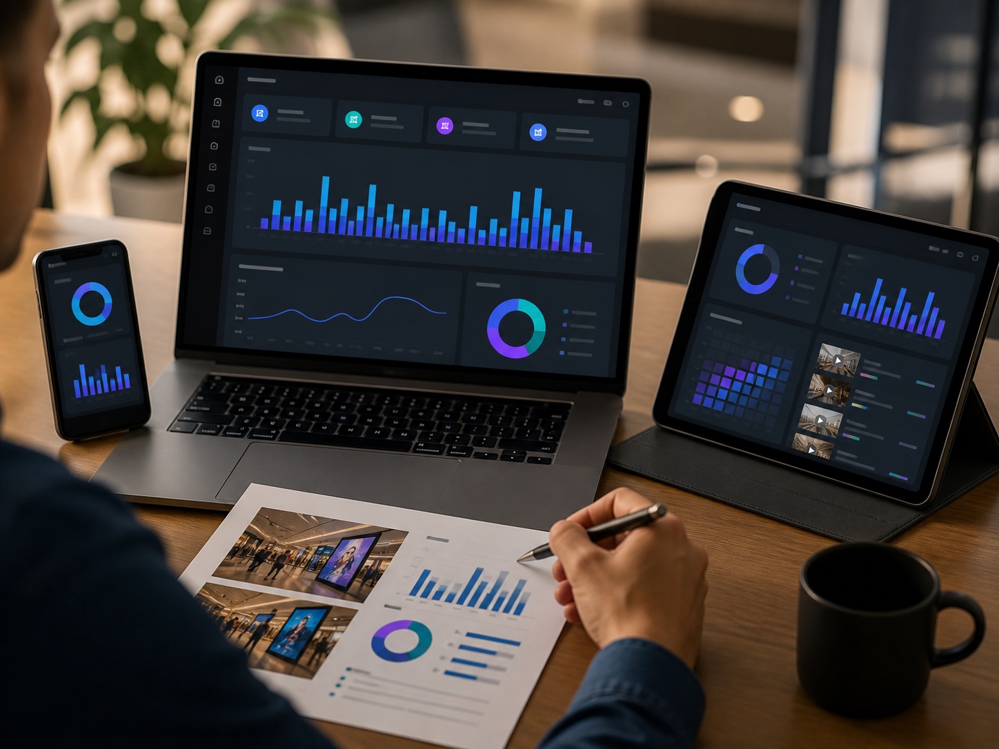 Dashboard de reportes con vistas horarios fuertes y evidencia por campaña